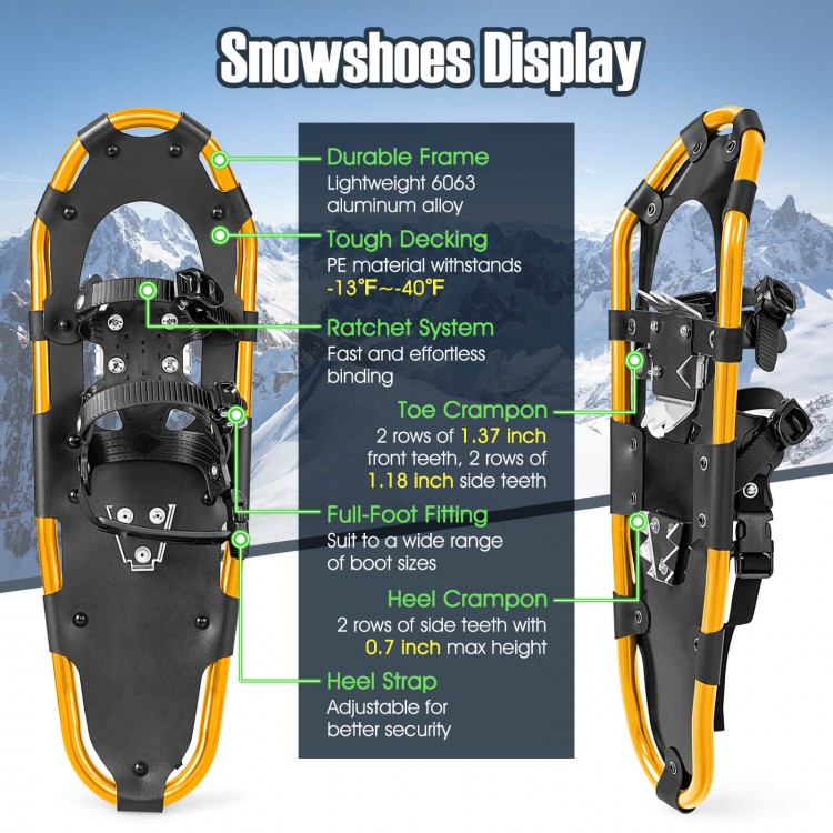 Lightweight 21-inch snowshoes with durable aluminum frame, PE decking, and adjustable ratchet system for easy movement.